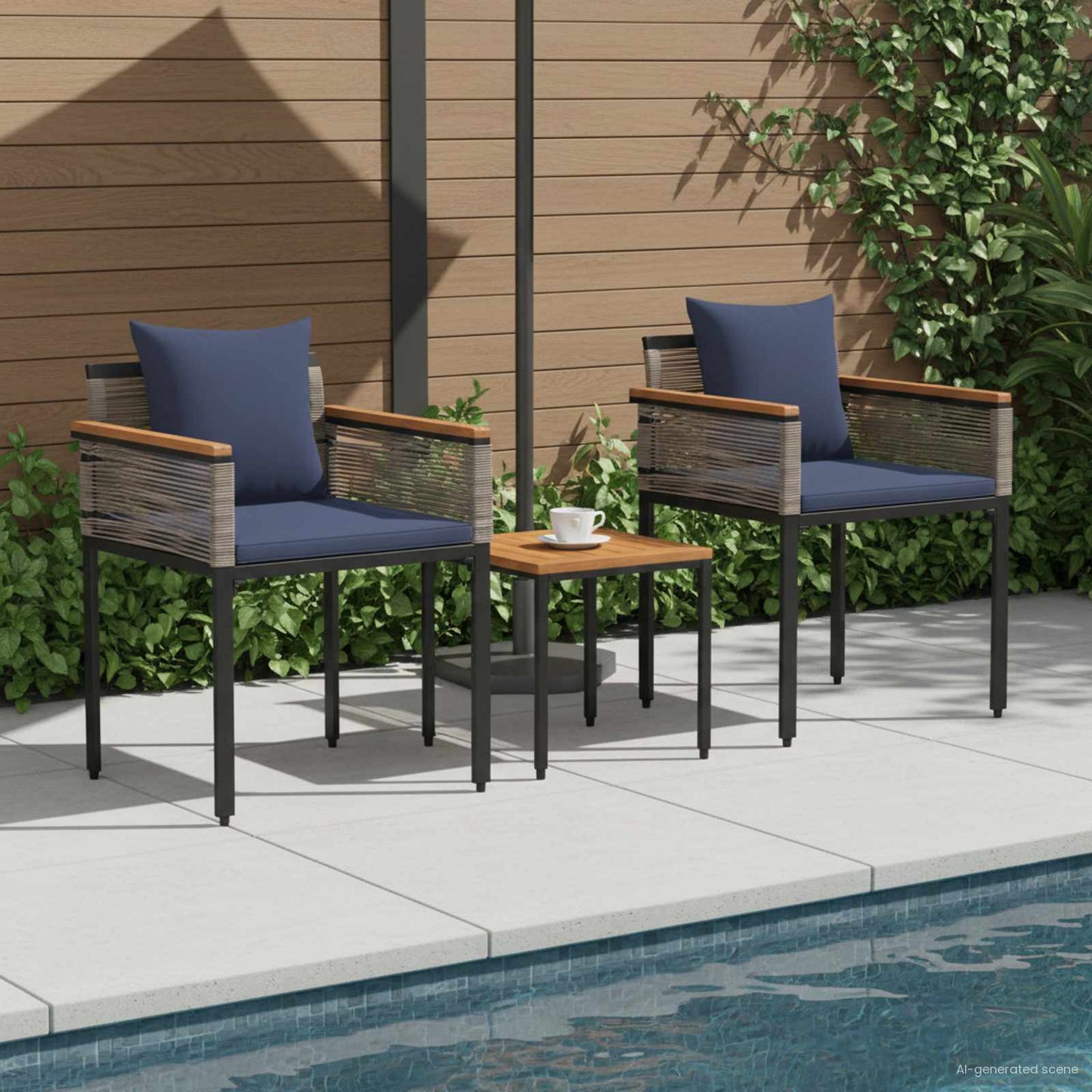 Set di Mobili da Esterno 3 pcs Grigio e Blu Navy Rattan in PE