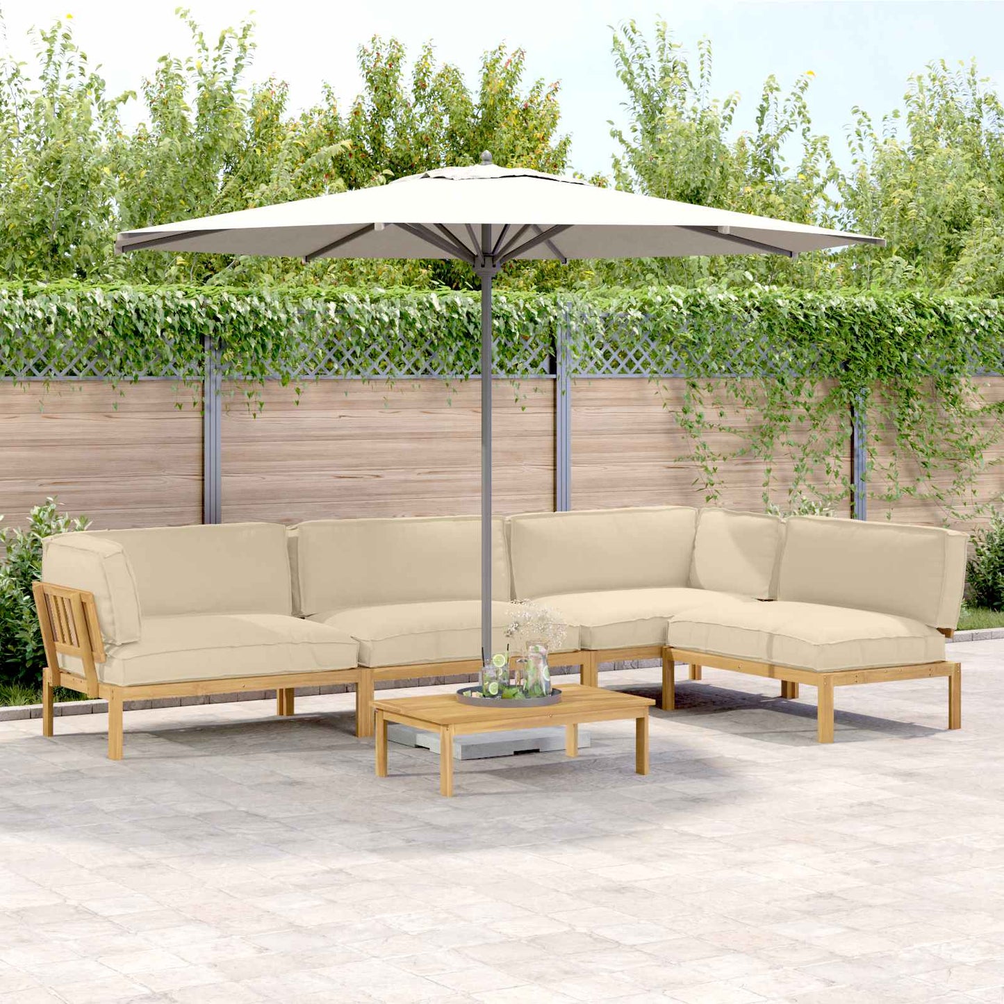 Set di divani con cuscino 5 pcs Beige Legno di Acacia Massello