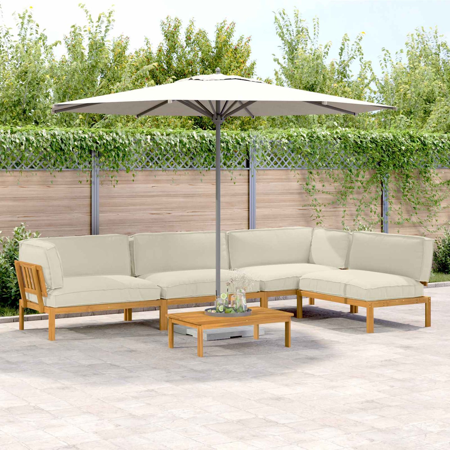 Set di divani con cuscino 5 pcs Crema Legno di Acacia Massello