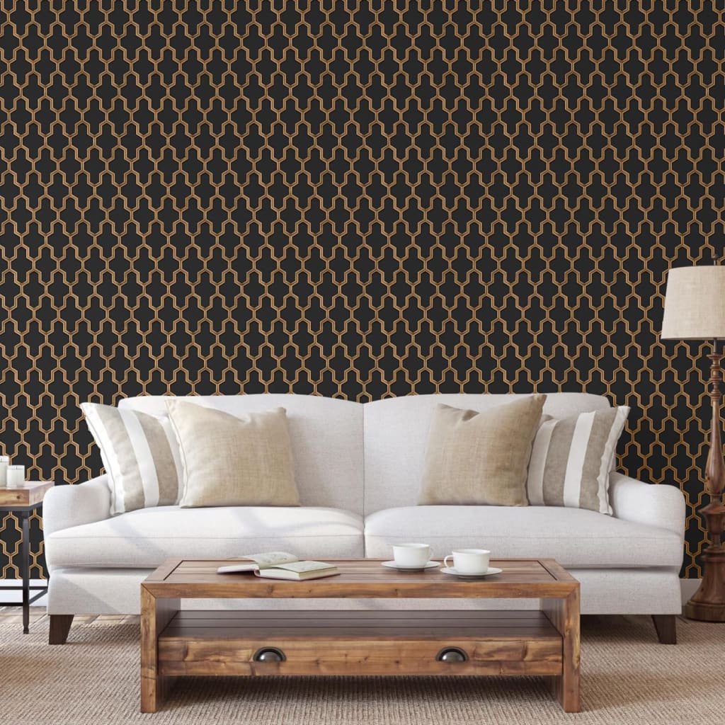 DUTCH WALLCOVERINGS Carta da Parati Geometric Nero e Oro